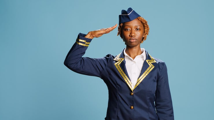 female aircrew member doing military salute studio showing gratitute country camera young stewardess with professional occupation wearing aviati
